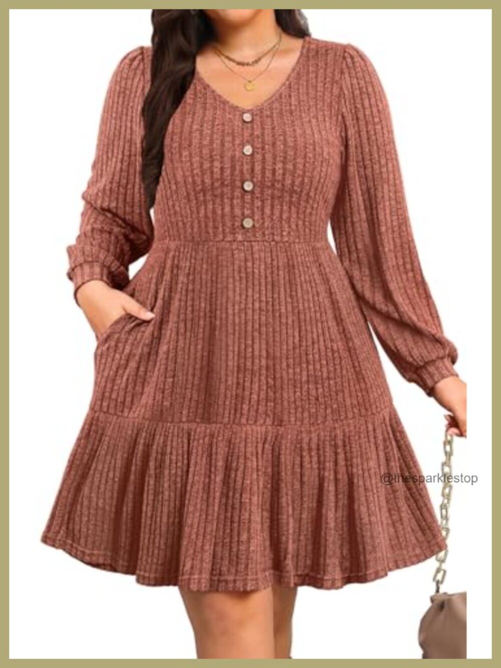 Plus Size Long Sleeve Knit Sweater Babydoll A-Line Dress V-Neck Button Front
